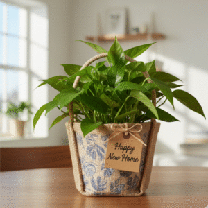 Pothos Plant in Jute Basket with “Happy New Home” Tag