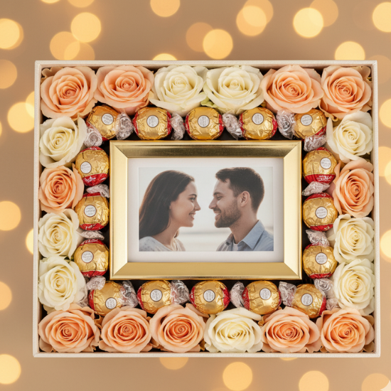 Peach & White Rose Frame Box with Chocolates