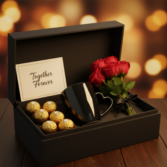 “Together Forever” Black Gift Box – Roses, Mug & Chocolates