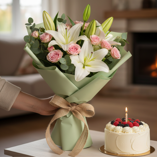 Elegant White Lily & Pink Rose Bouquet with Berry Cream Cake
