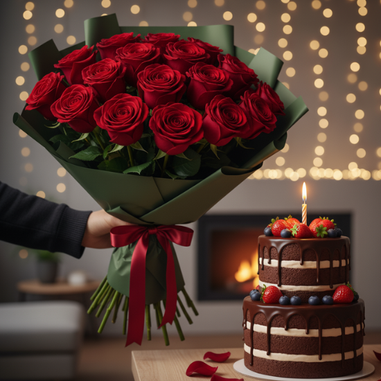 Luxurious Red Rose Bouquet and Decadent Chocolate Celebration Cake