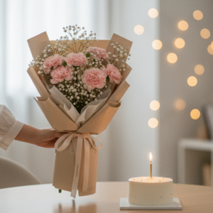 Pretty Pink Carnation & Baby's Breath Bouquet with Mini Cake